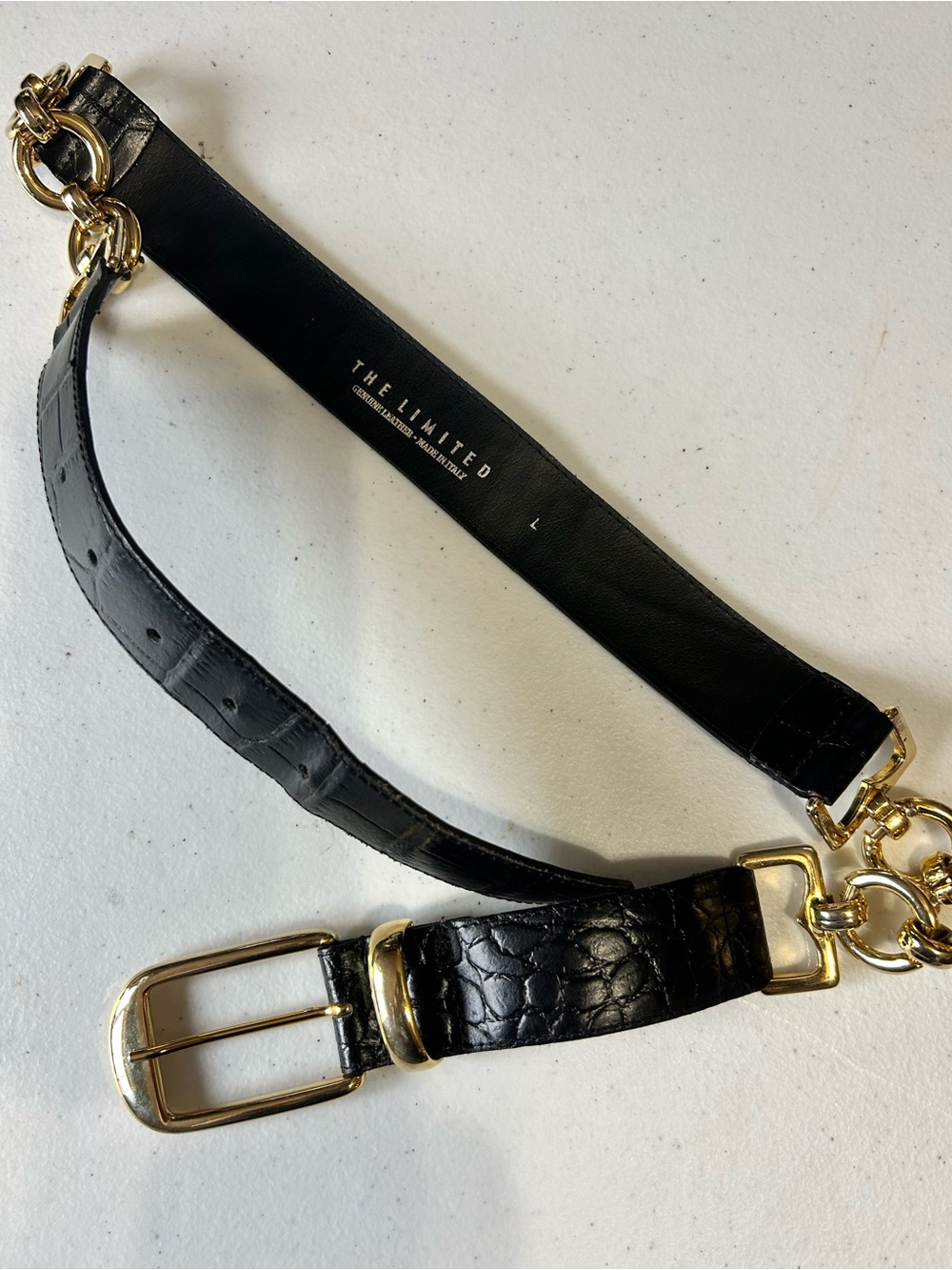 The Limited Vtg Black Croc Leather Belt Gold Tone Hardware Chain Links Large